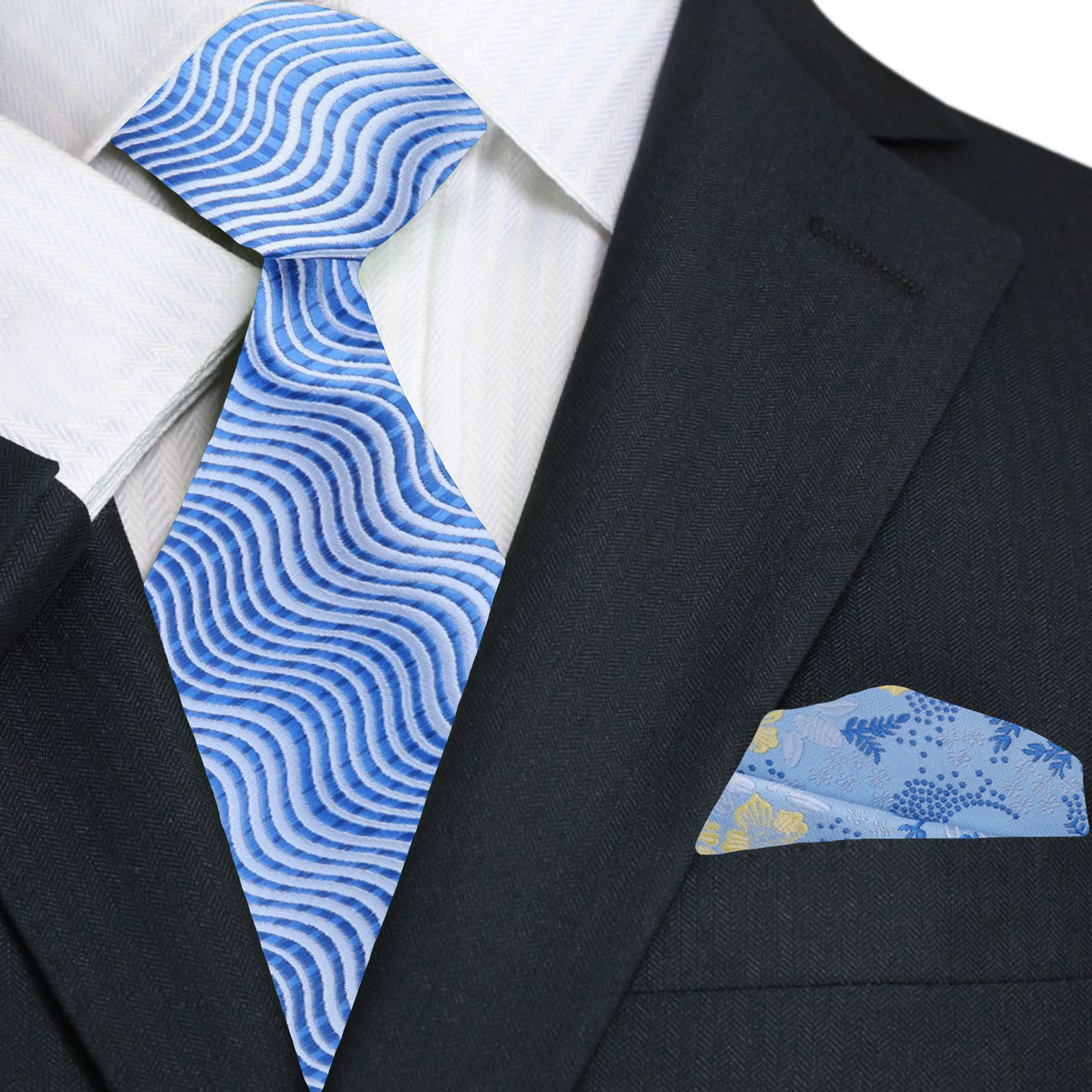 Premium Shades of Blue Wavy Lines Necktie with Shades of Blue and Yellow Floral Pocket Square