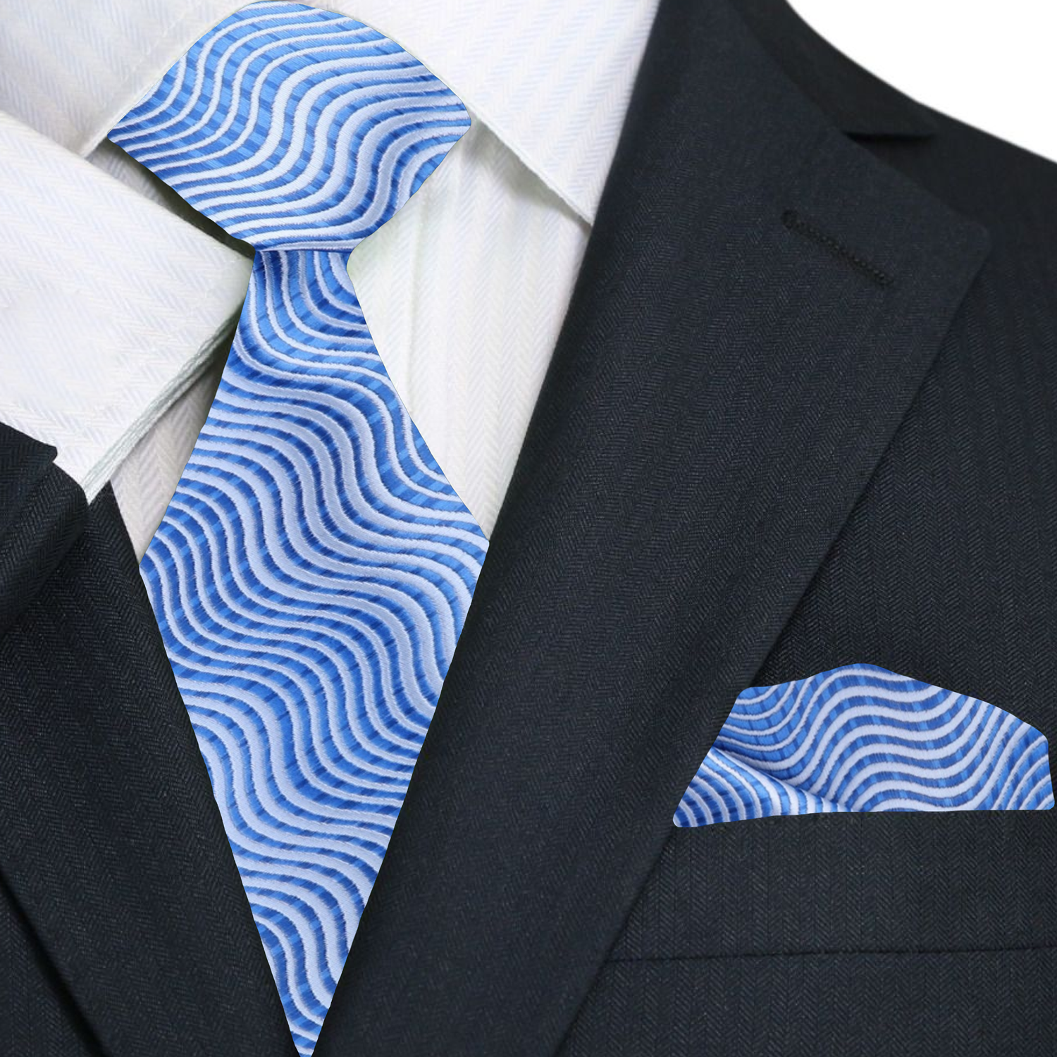 Premium Shades of Blue Wavy Lines Necktie with Matching Pocket Square