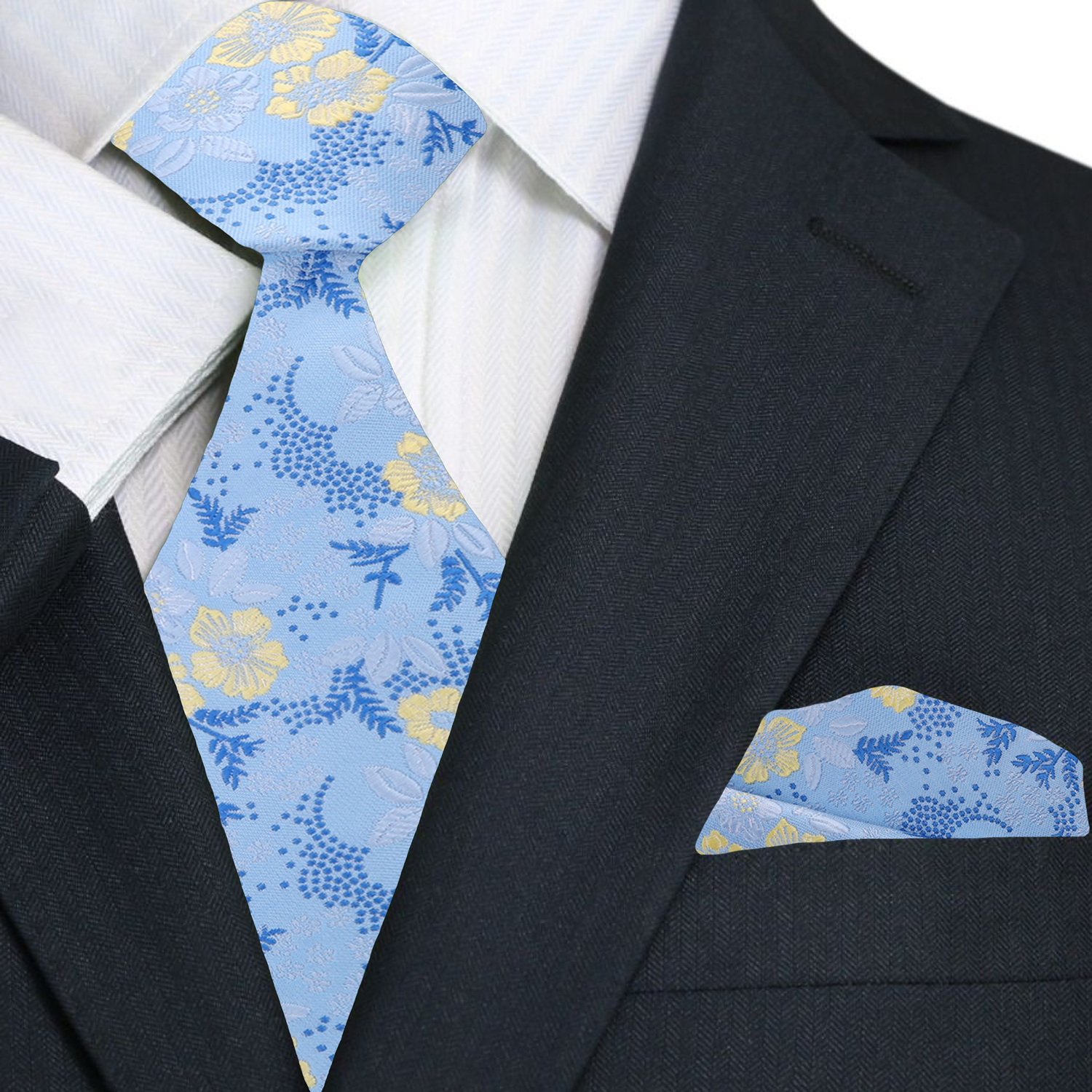 Main: Light Blue, Blue, Light Yellow Floral Tie and Pocket Square