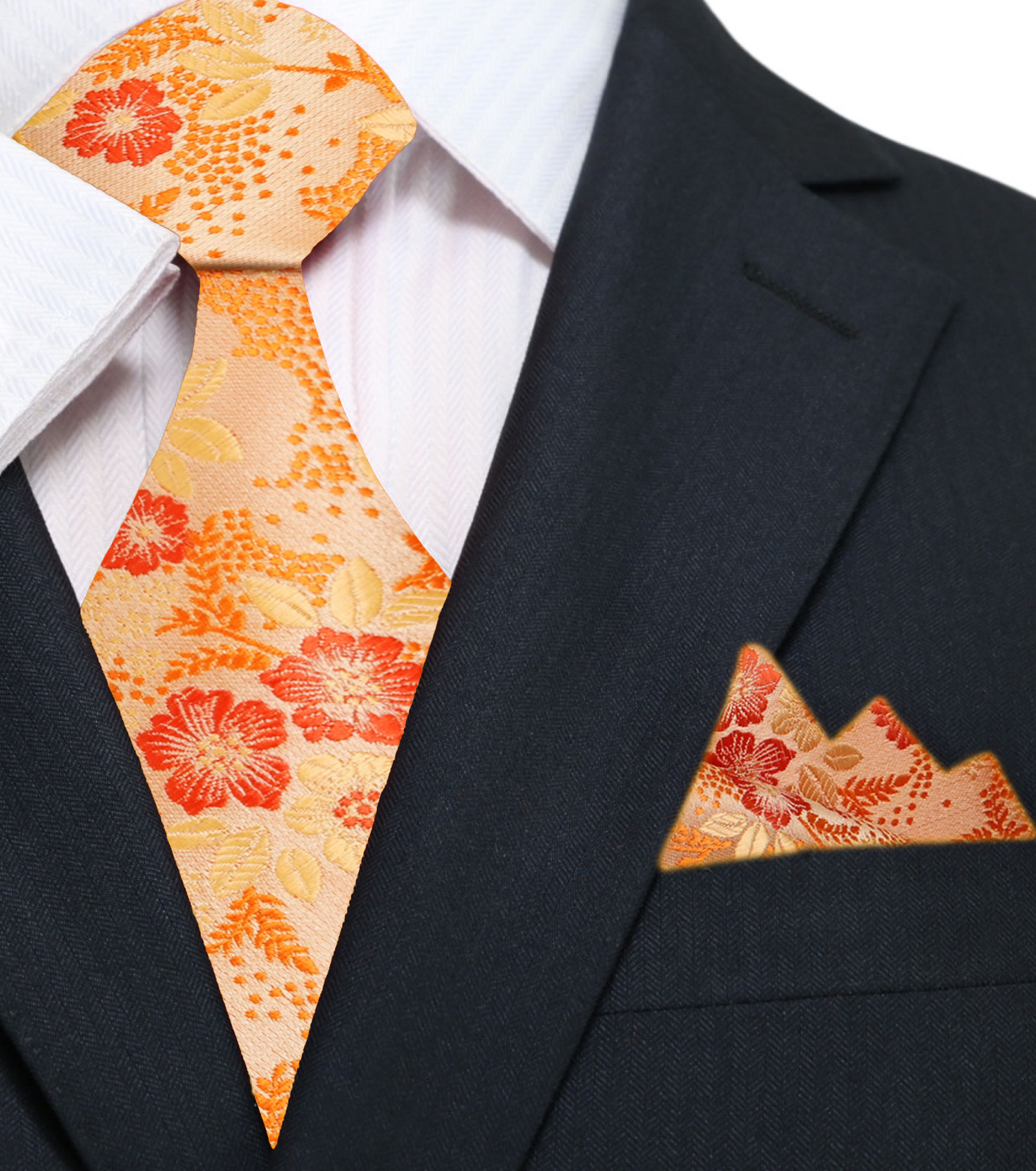 Main:A Light Orange, Orange Floral Pattern Necktie With Matching Pocket Square