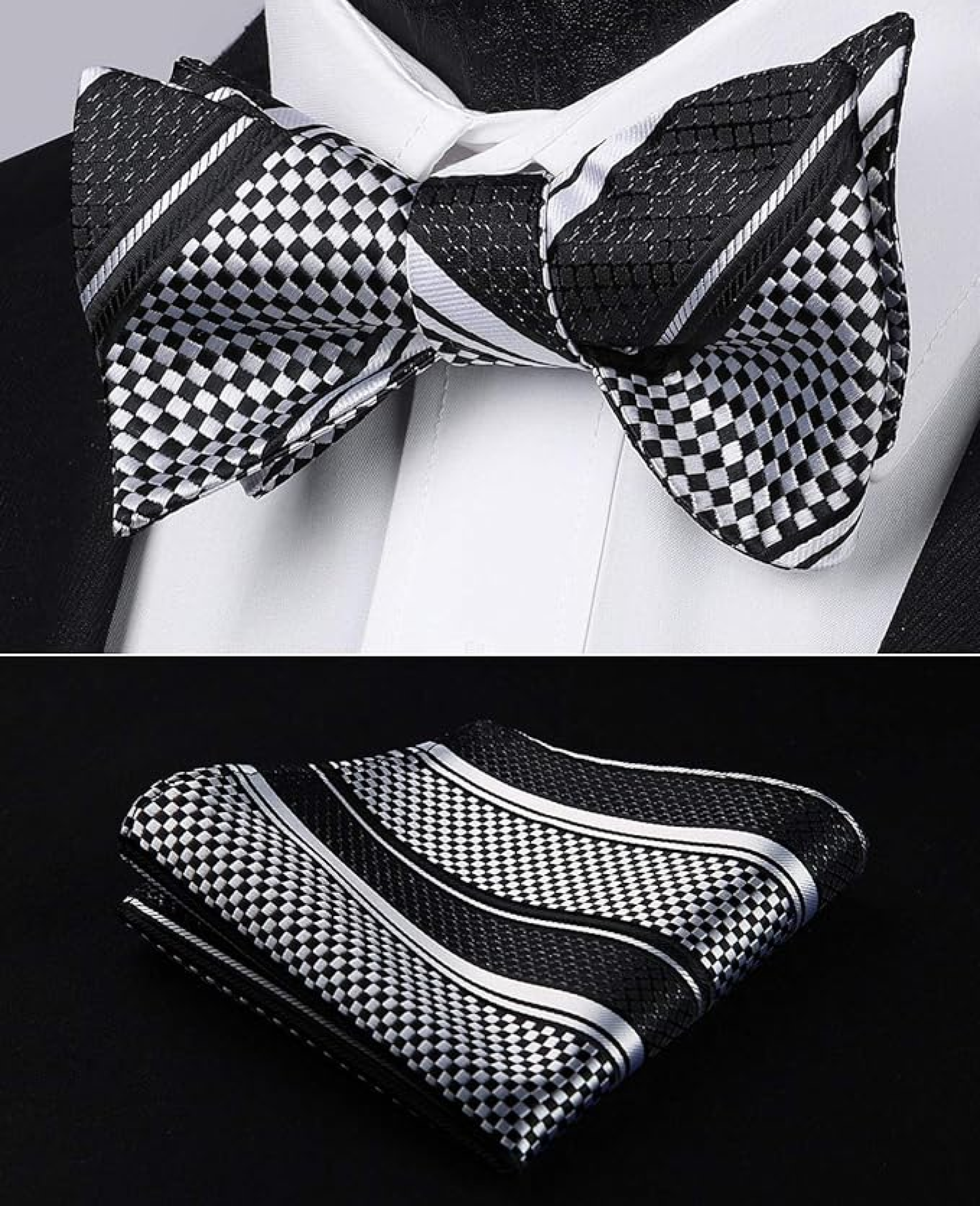 Main View: Black, Grey Check Bow Tie and Pocket Square
