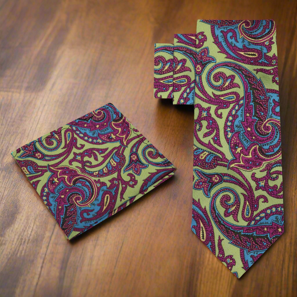 Alt View: A Lime, Pink Intricate Paisley Pattern Necktie, Matching Pocket Square