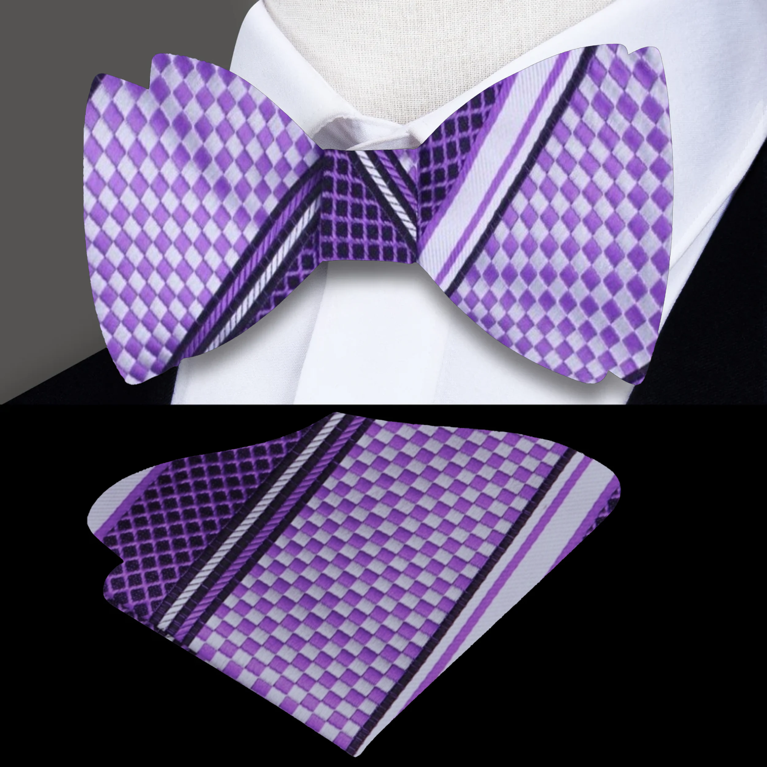 Light Purple, Light Grey Check Bow Tie and Square