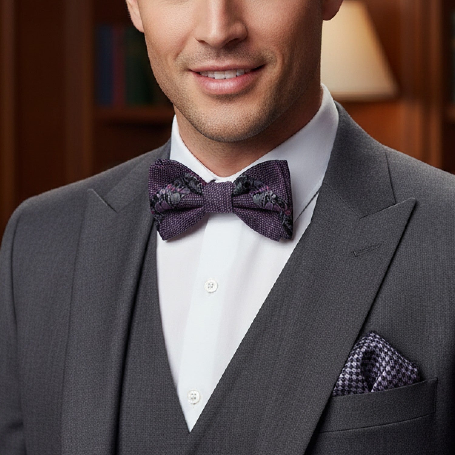 gray suit purple bow tie
