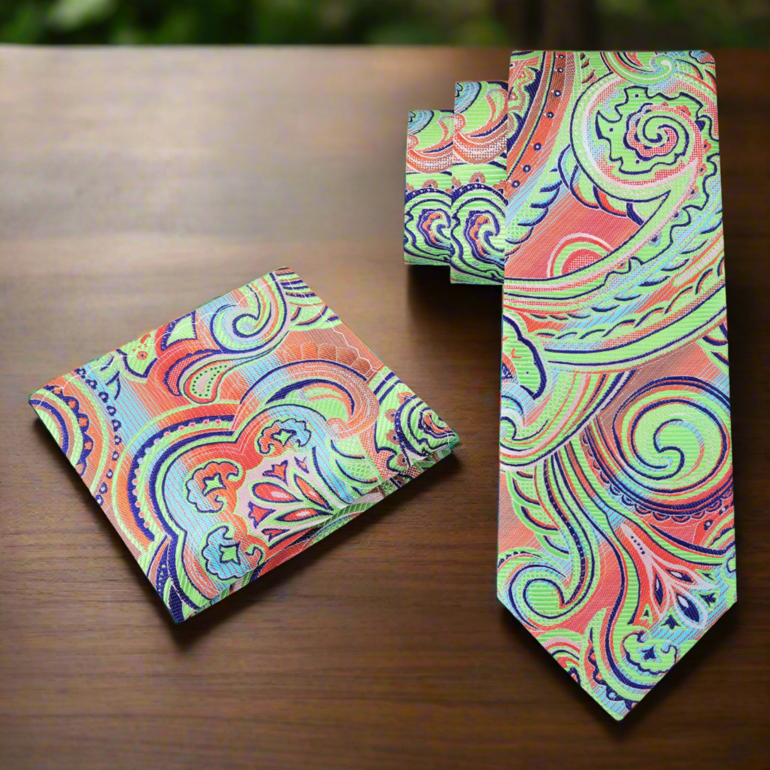 Alt View: Neon Green, Orange, Blue Paisley Necktie and Matching Square