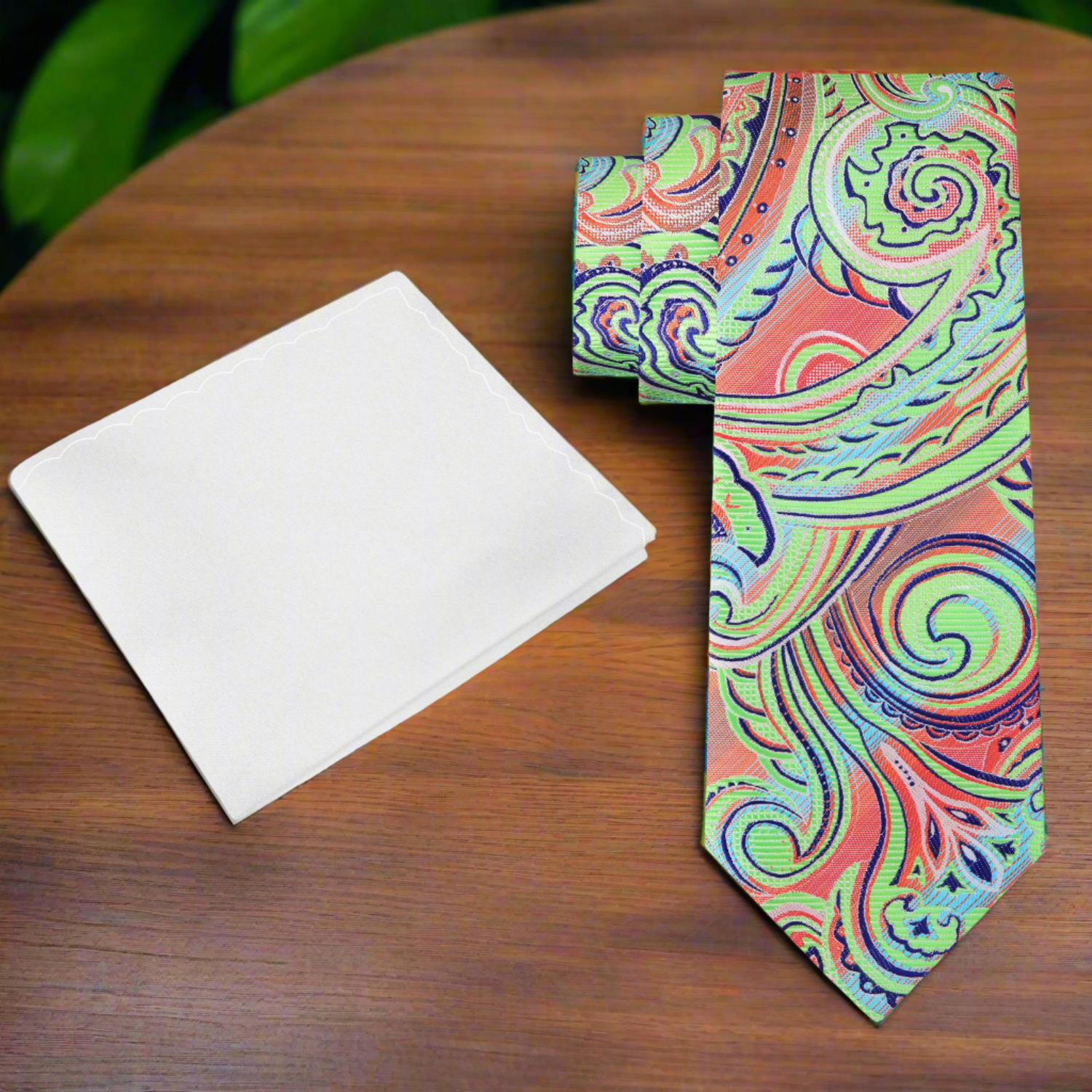 Alt View: Neon Green, Orange, Blue Paisley Necktie and White Square