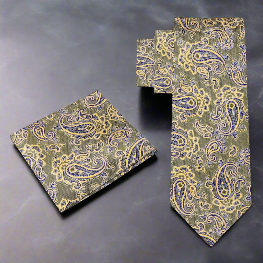 Alt A Olive, Gold Paisley Pattern Silk Necktie, Matching Pocket Square