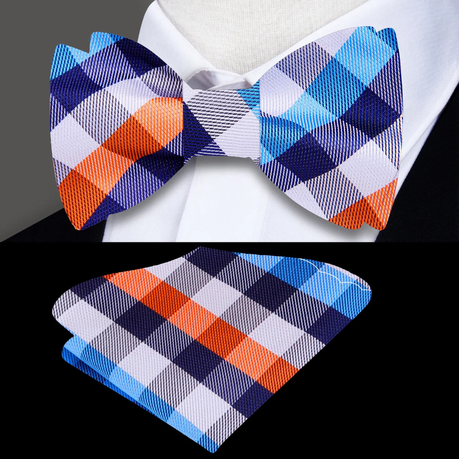 A Orange, White, Blue Geometric Check Pattern Silk Self Tie Bow Tie, Matching Pocket Square