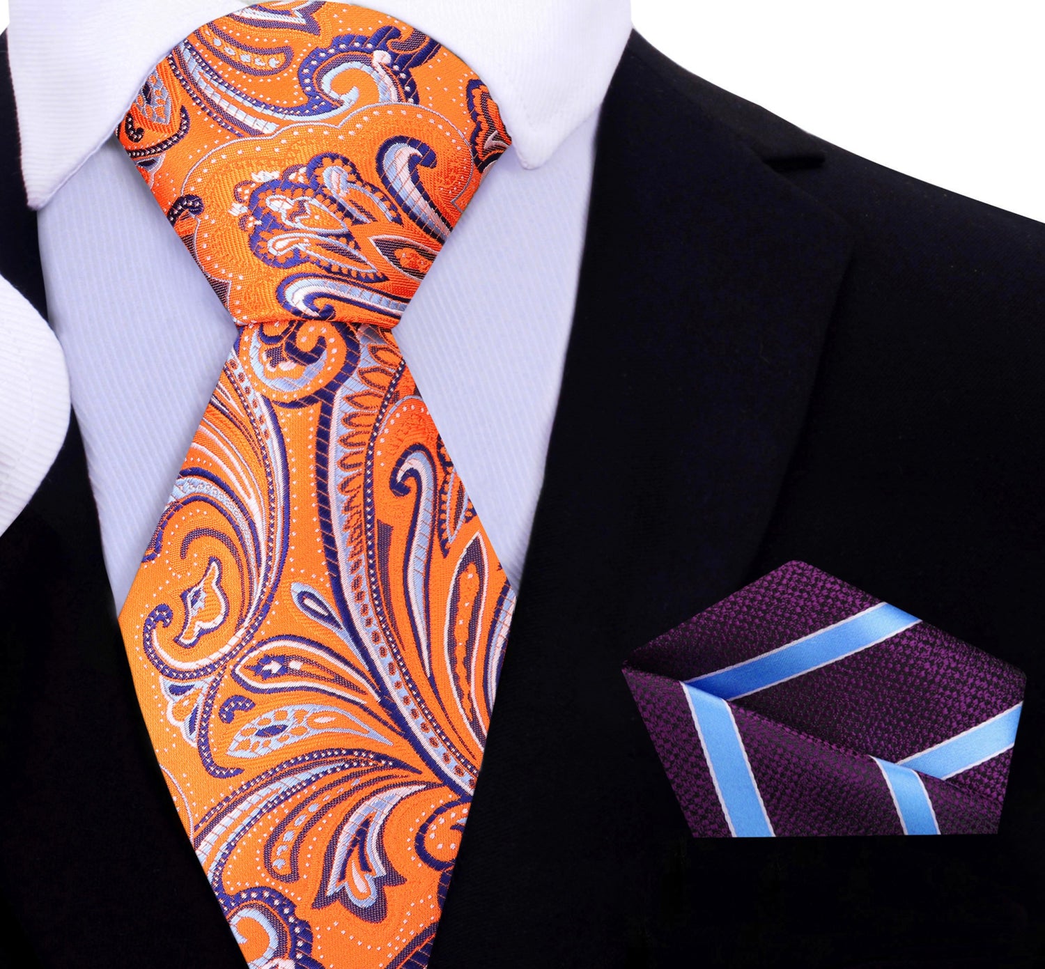 Orange, Purple, White Paisley Necktie and Purple, Light Blue Stripe Pocket Square