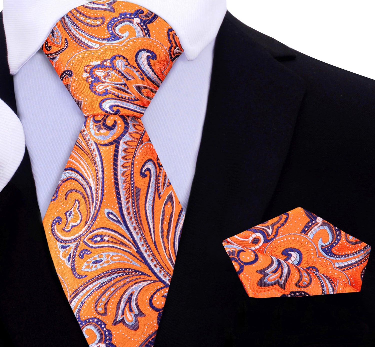 Orange, Purple, White Paisley Necktie and Matching Pocket Square