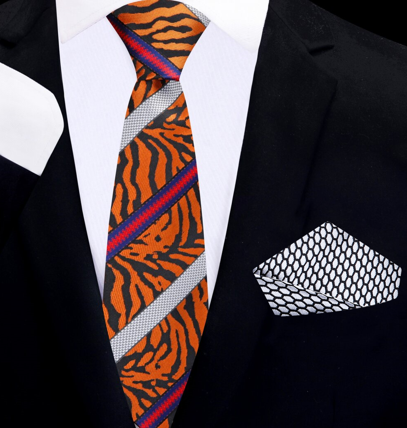 Thin Orange, Black, Red Tiger Stripe Tie and Accenting Pocket Square