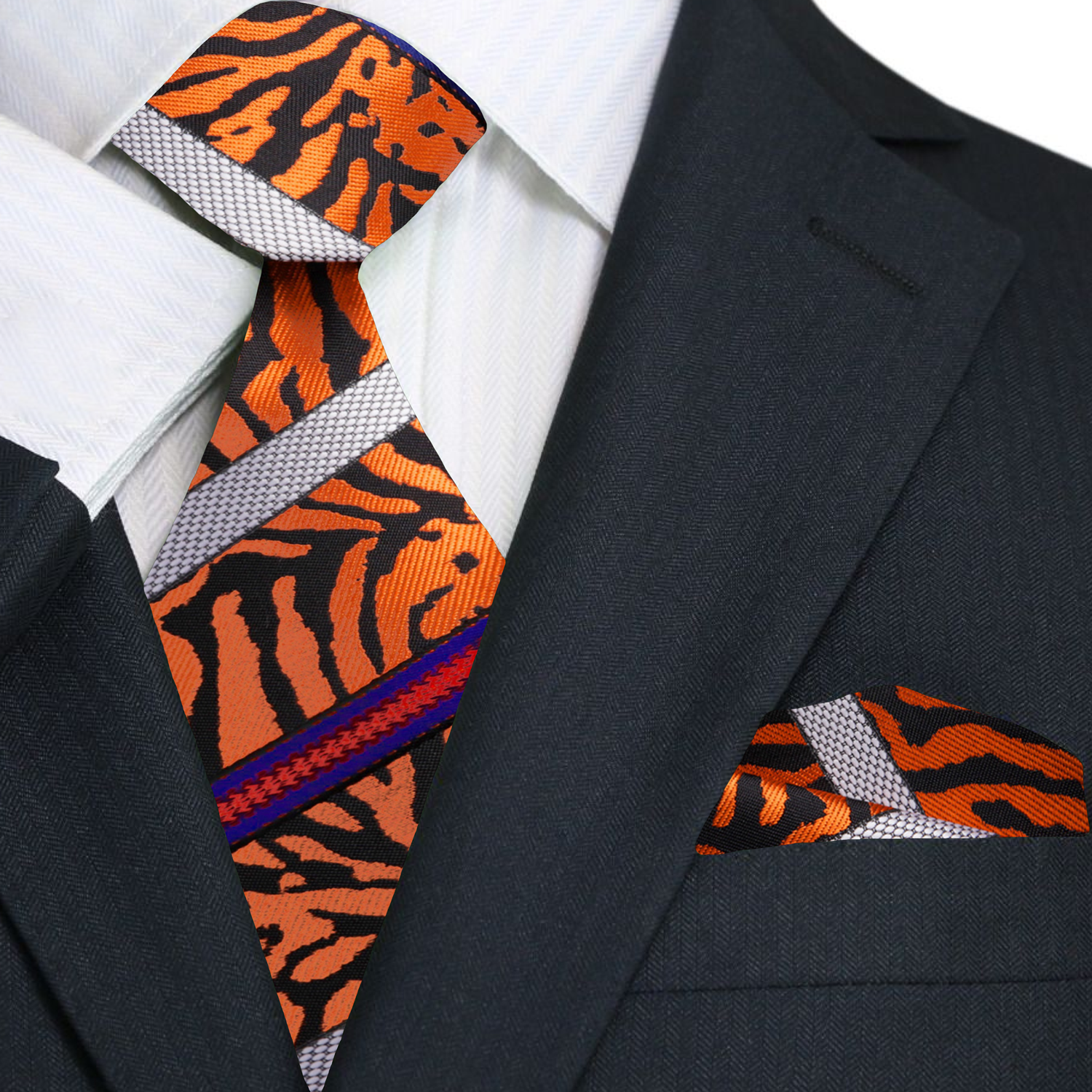 Premium Orange, Black, Red Tiger Stripe Tie and Pocket Square