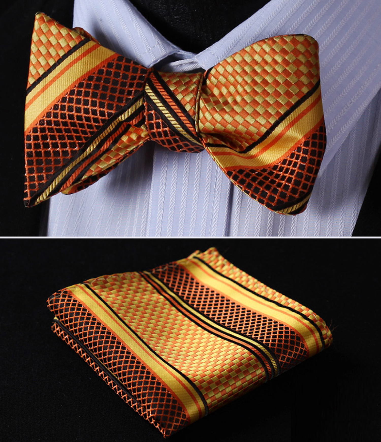 Main View: Orange, Red, Black Check Bow Tie and Pocket Square