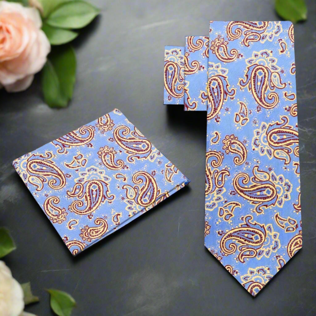 Alt A Deep Blue, Tan Paisley Pattern Necktie, Matching Pocket Square