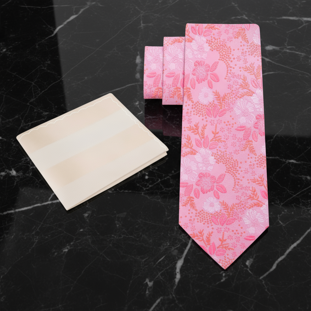 Pink floral tie with ivory stripe pocket square on a white background