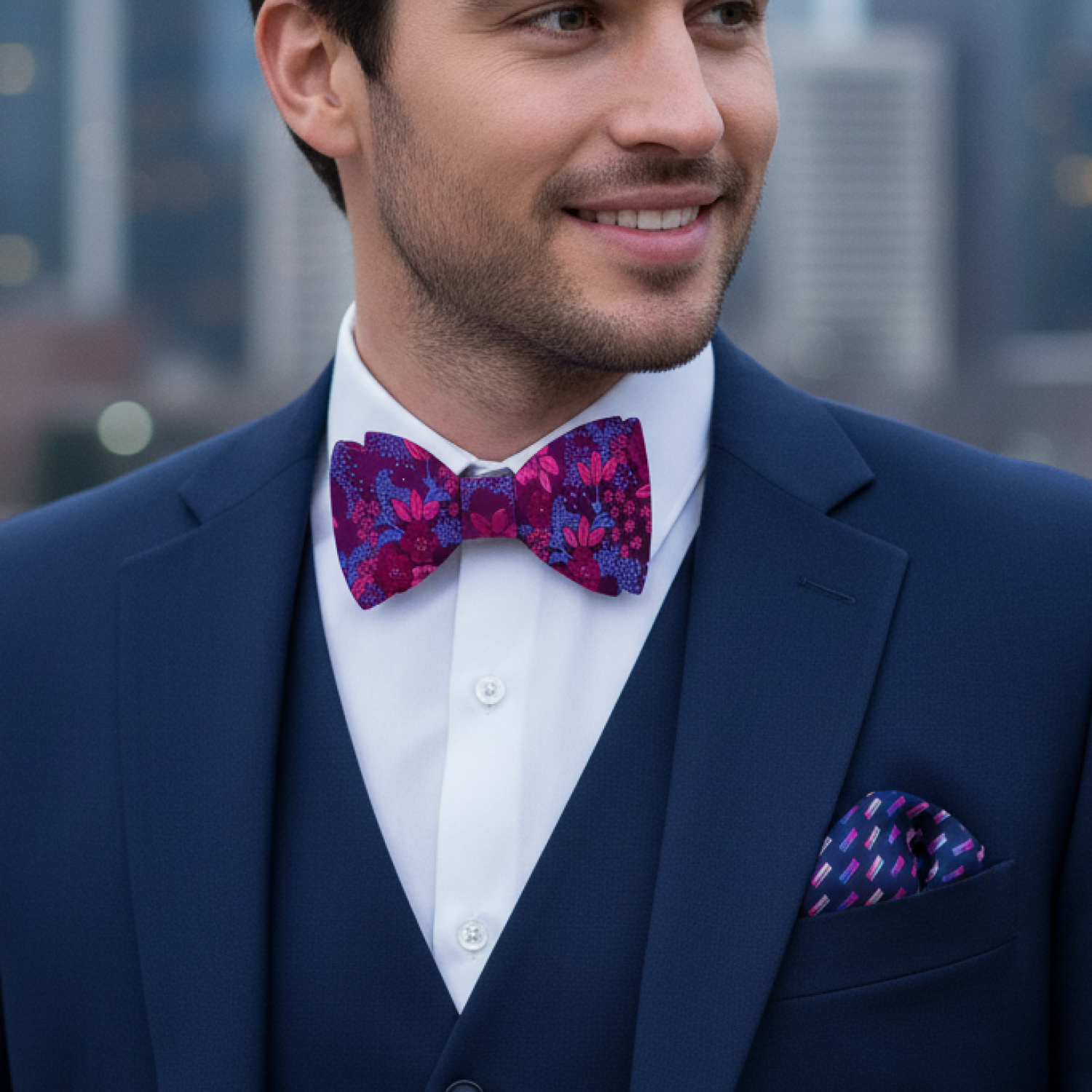 Man wearing a navy suit with a colorful bow tie and pocket square, standing against an urban background.