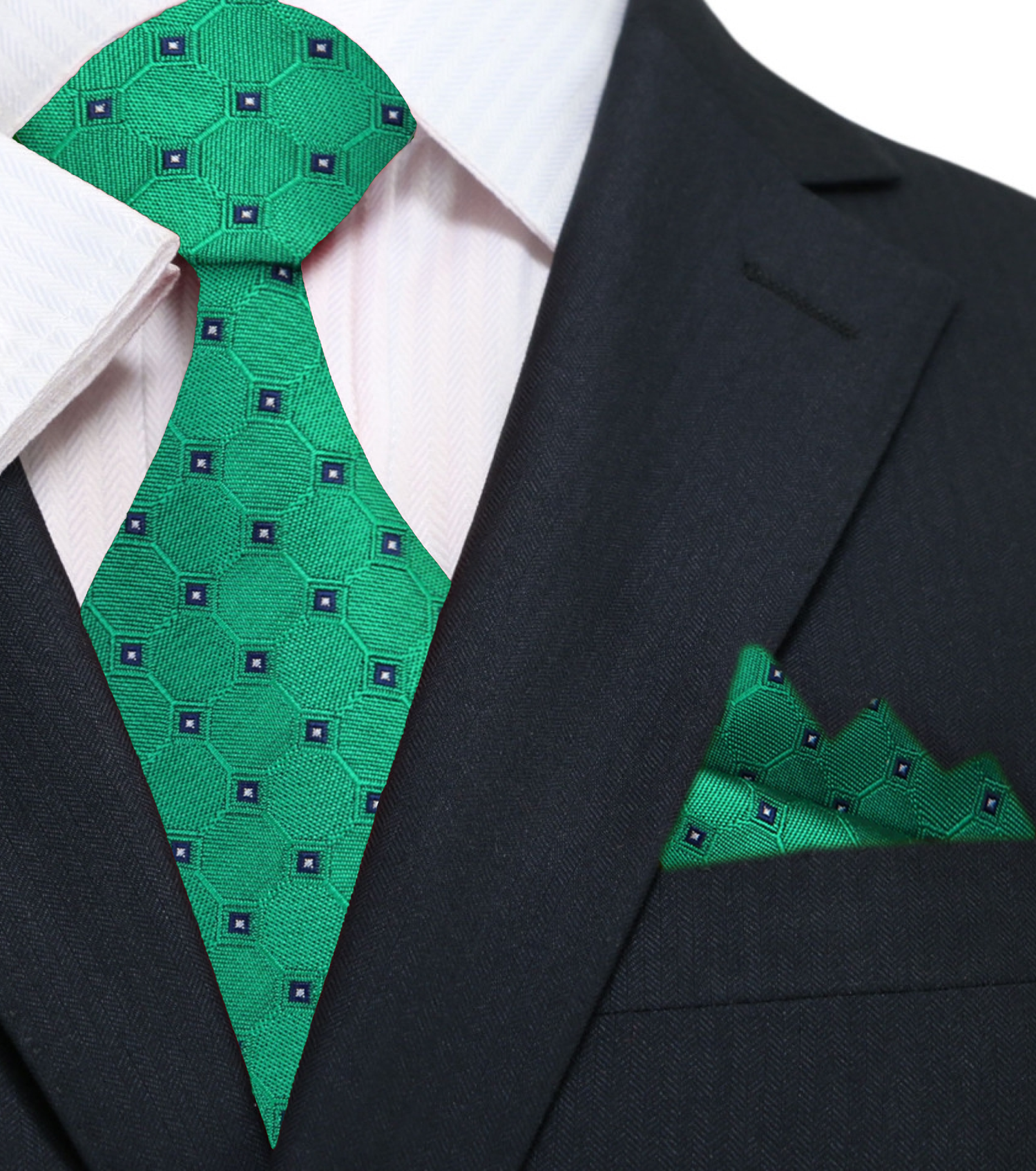Main: A Green, Black, White Geometric Texture With Small Black, White Checks Silk Necktie, Pocket Square