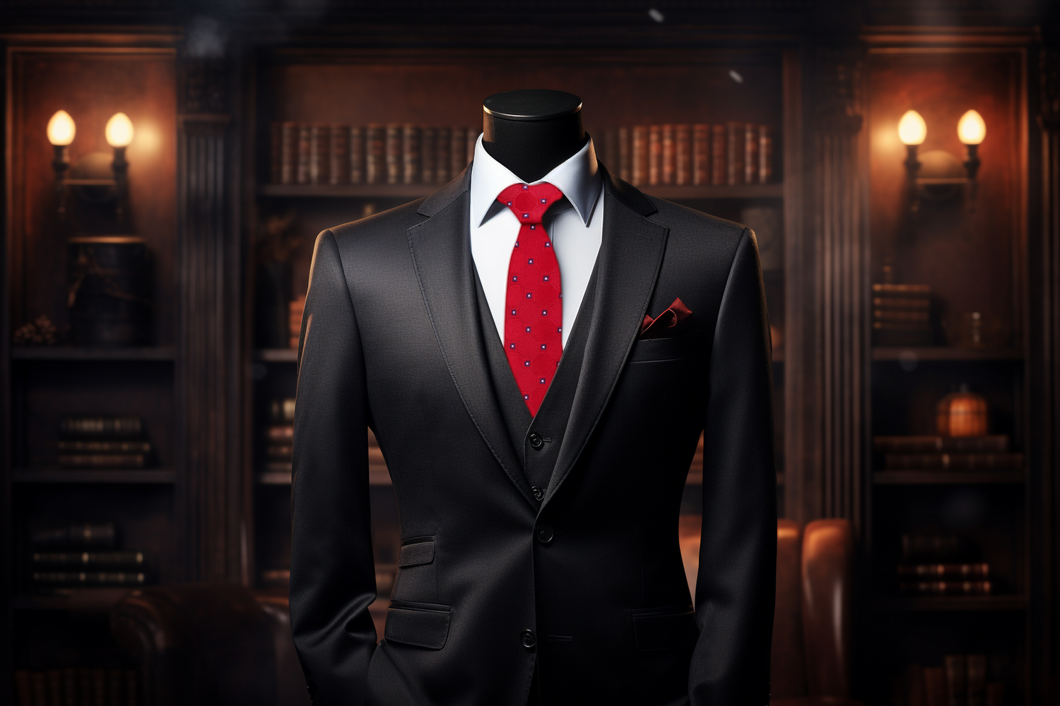 Red, Black Geometric Tie on black suit