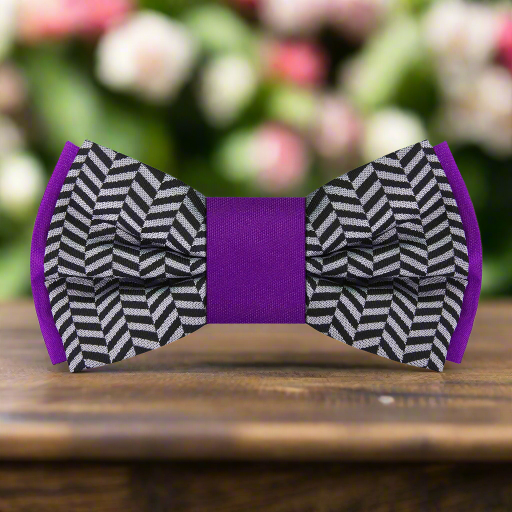 View 2 Single: Purple, Black, Grey Crosshatch and Solid Double Sided Bow Tie