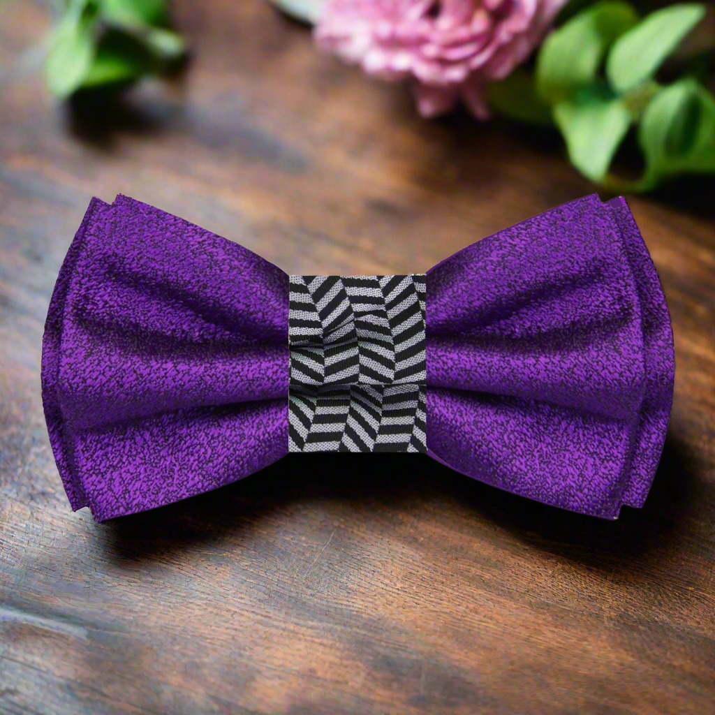 Purple, Black, Grey Crosshatch and Solid Double Sided Bow Tie