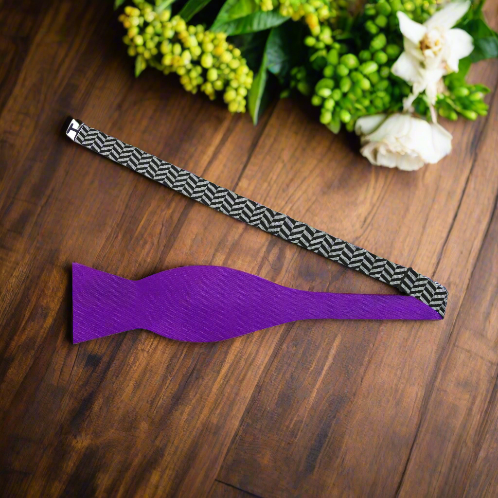 Self Tie: Purple, Black, Grey Crosshatch and Solid Double Sided Bow Tie