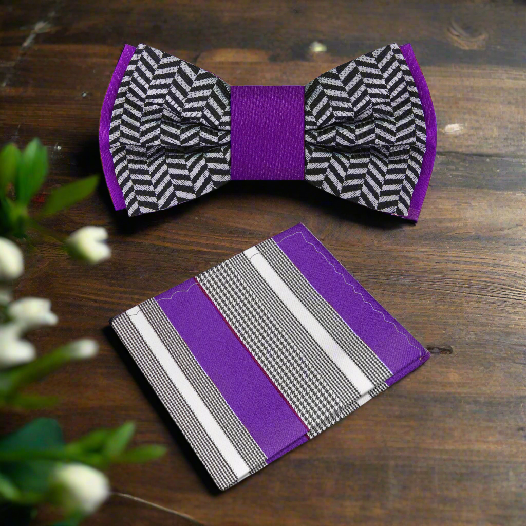 Purple, Black, Grey Crosshatch and Solid Double Sided Bow Tie and Grey, Purple, Black, White Stripe Square
