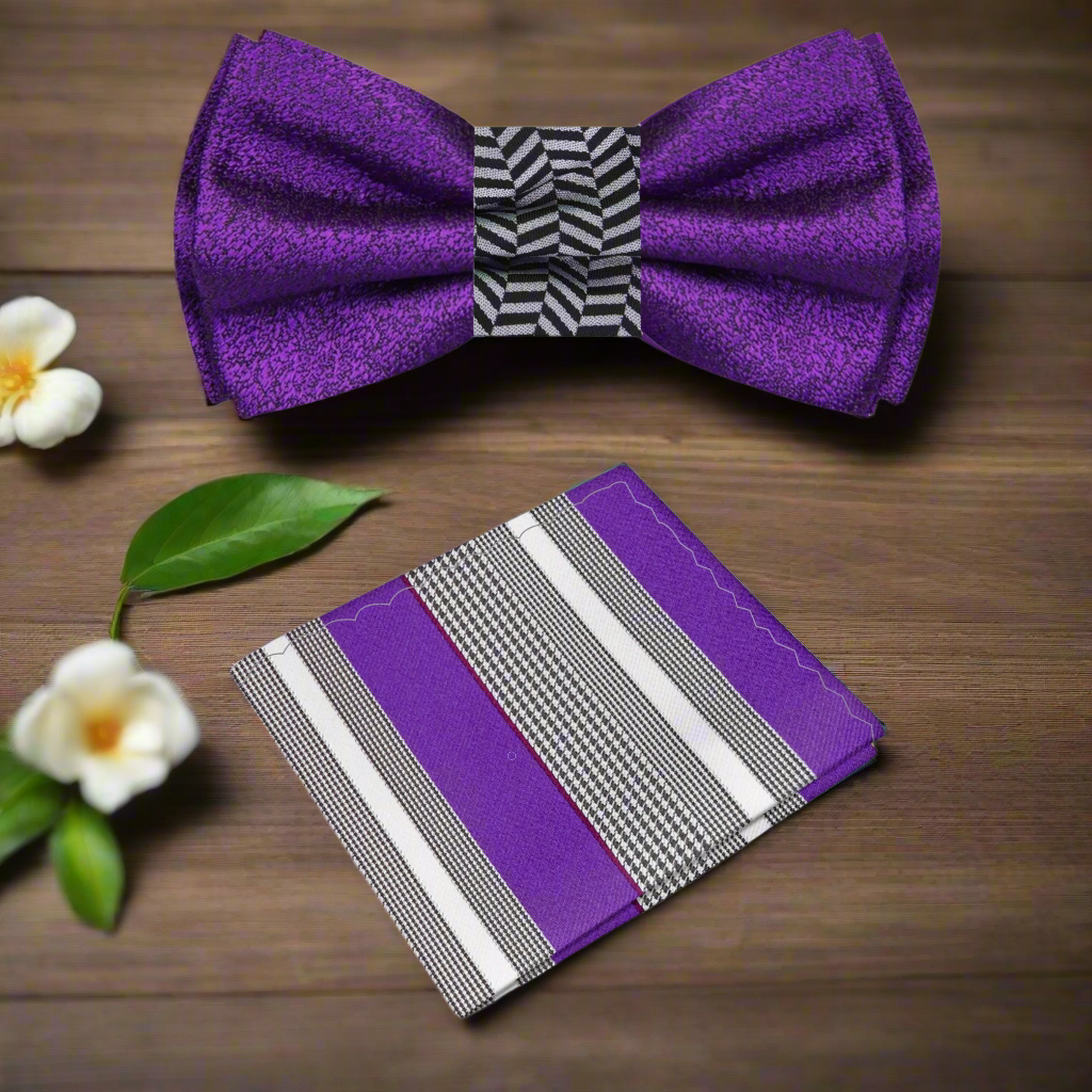 Side 2: Purple, Black, Grey Crosshatch and Solid Double Sided Bow Tie and Grey, Purple, Black, White Stripe Square