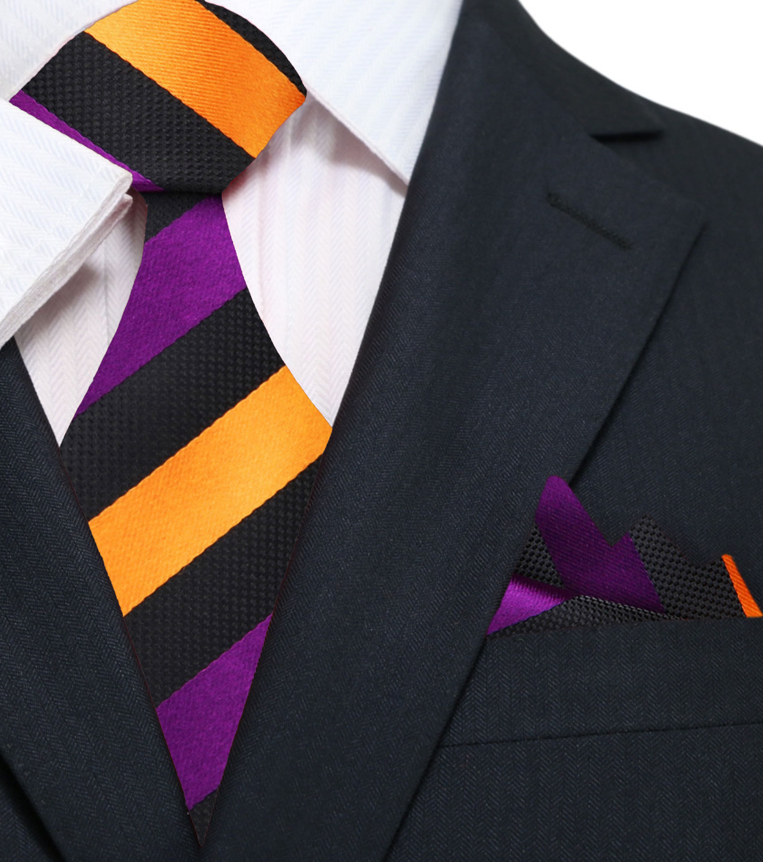 Main: Black, Purple, Marigold Stripe Tie and Pocket Square||Purple, Marigold, Black