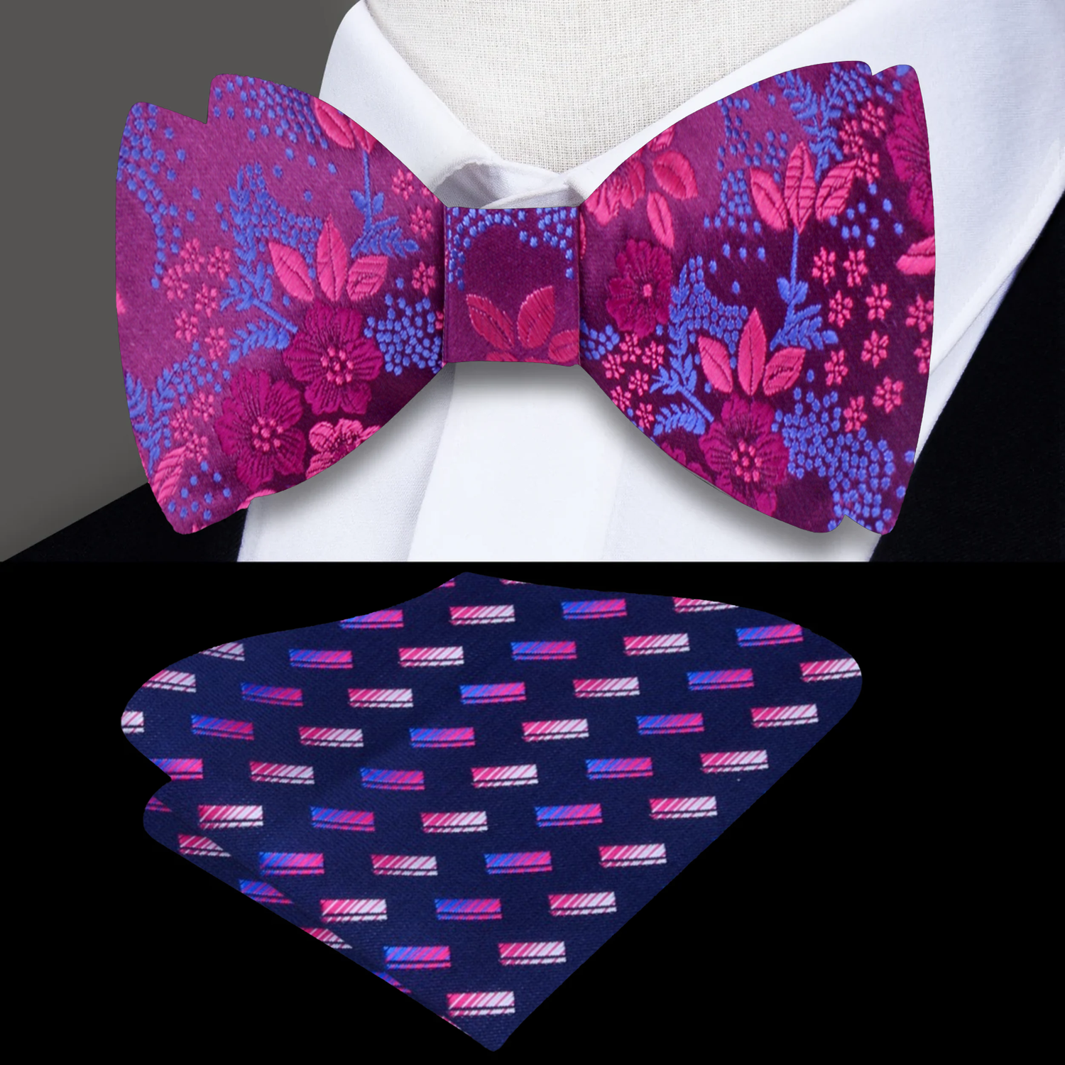 Main View: Dark Pink, Pink Floral Bow Tie and Accenting Pocket Square