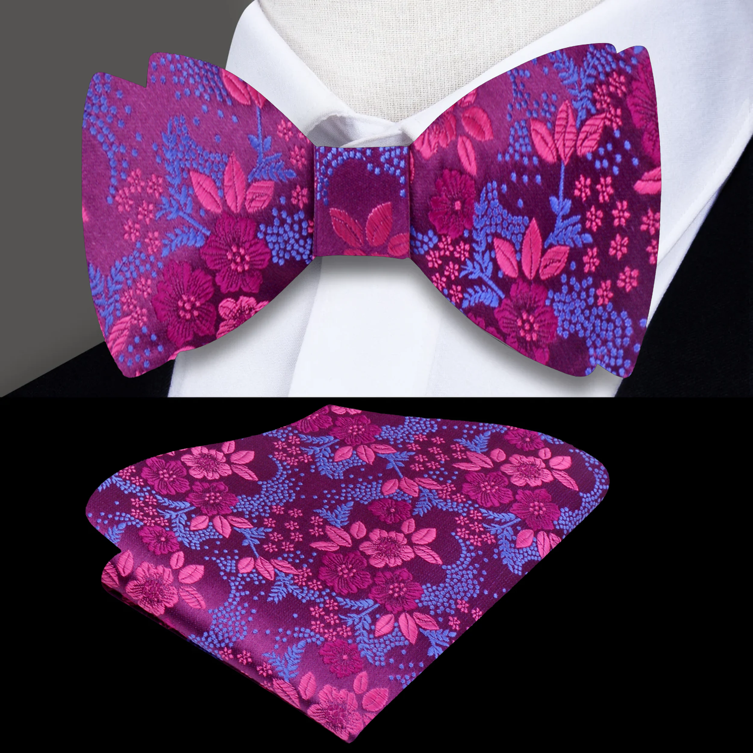 Main View: Dark Pink, Pink Floral Bow Tie and Pocket Square