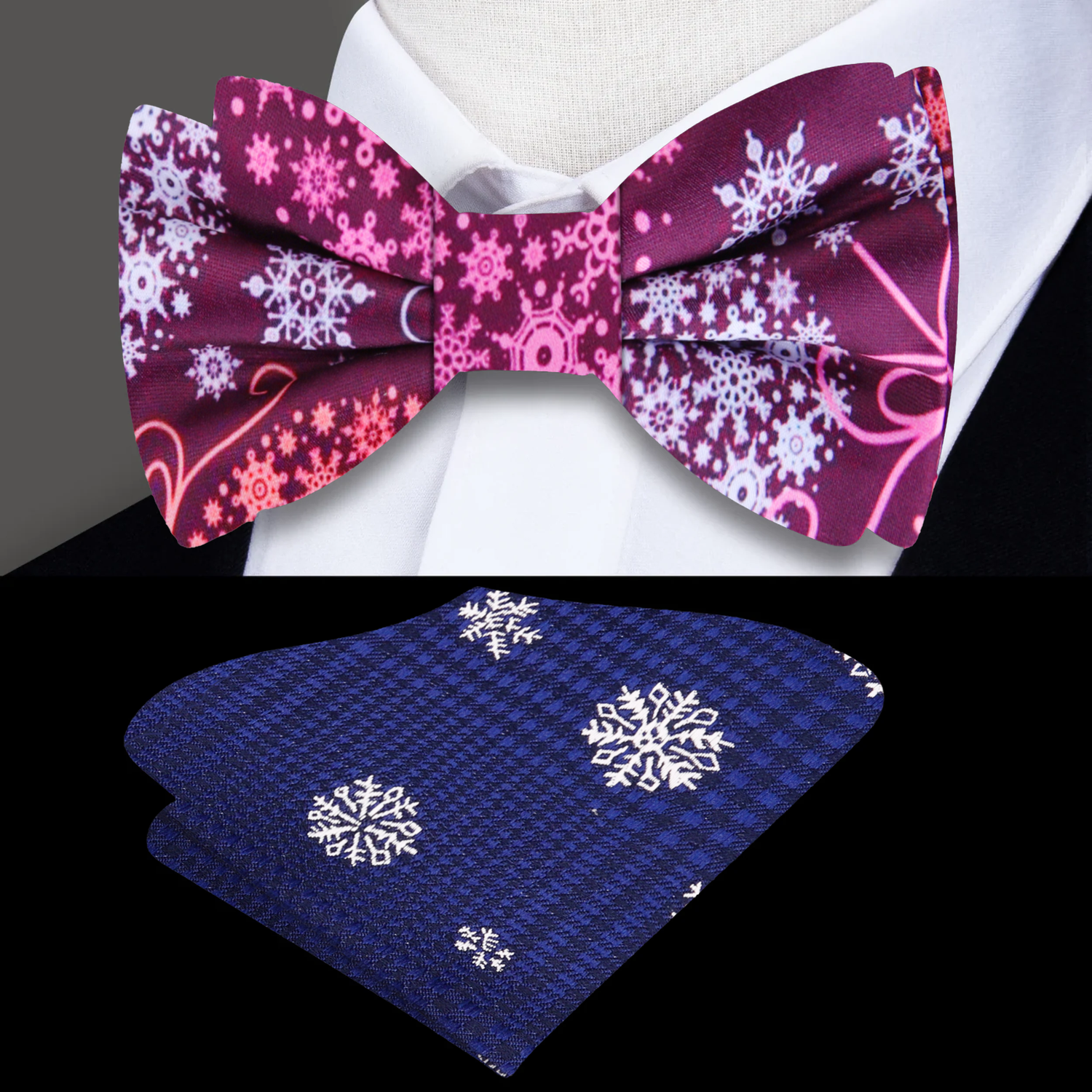 Plum, Pink, White Large Christmas Ornaments Bow Tie and Blue Snowflake Pocket Square