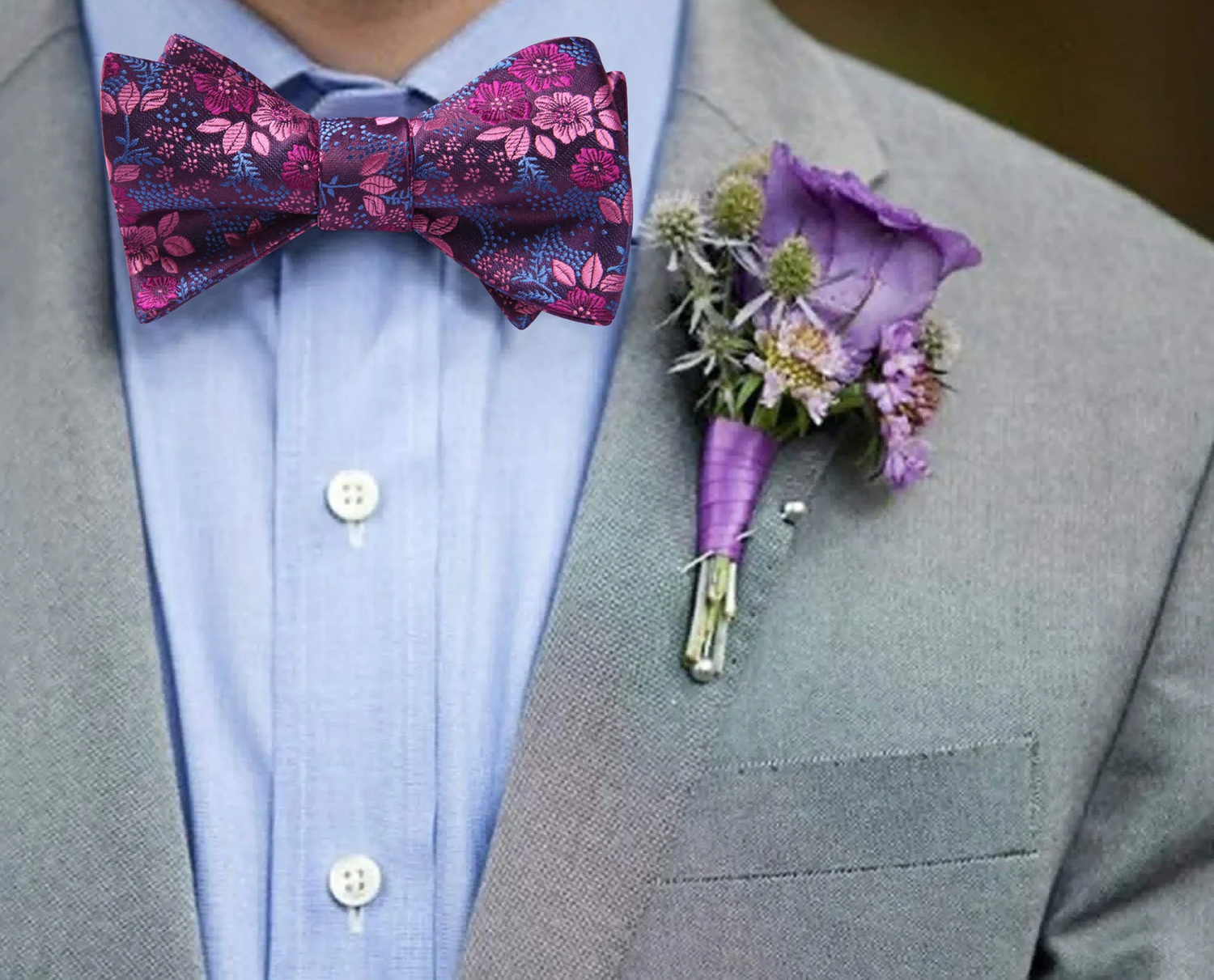 On Suit: Dark Pink, Pink Floral Bow Tie and Pocket Square
