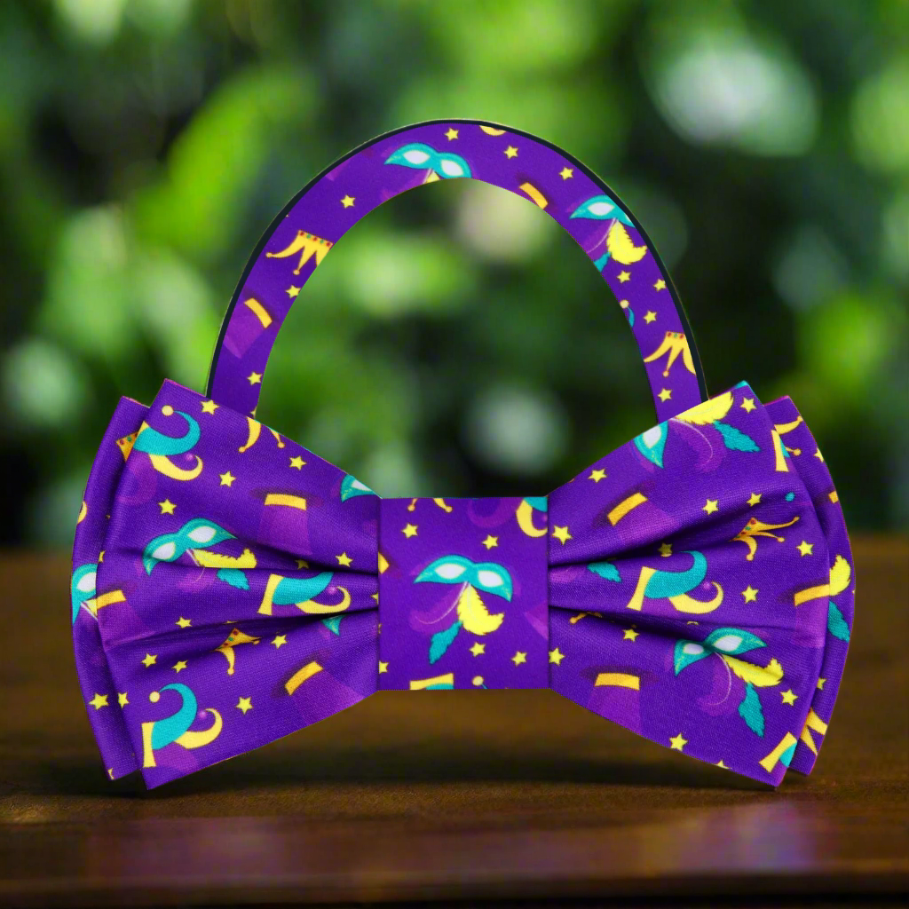 Purple Yellow Teal Mardi Gras Masks and Hats Bow Tie Pre Tied