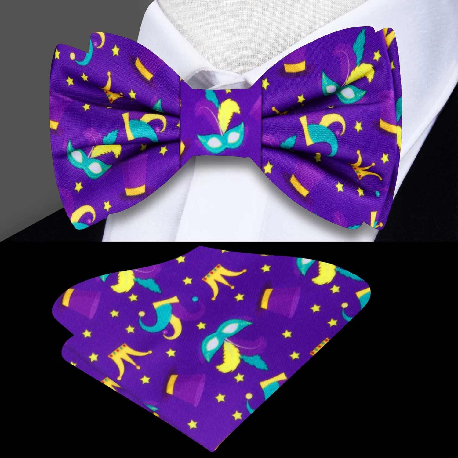 Purple Yellow Teal Mardi Gras Masks and Hats Bow Tie and Square