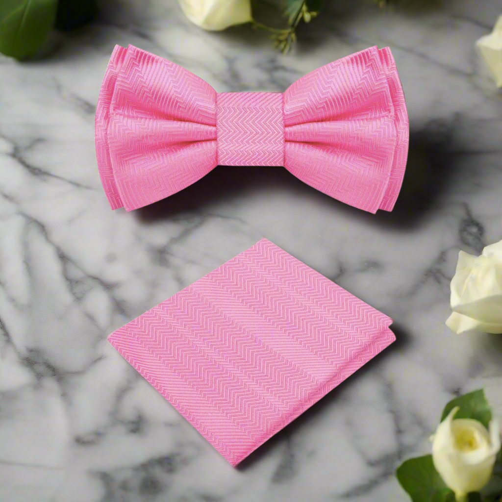 A Real Pink Solid Pattern Self Tie Bow Tie, Matching Pocket Square
