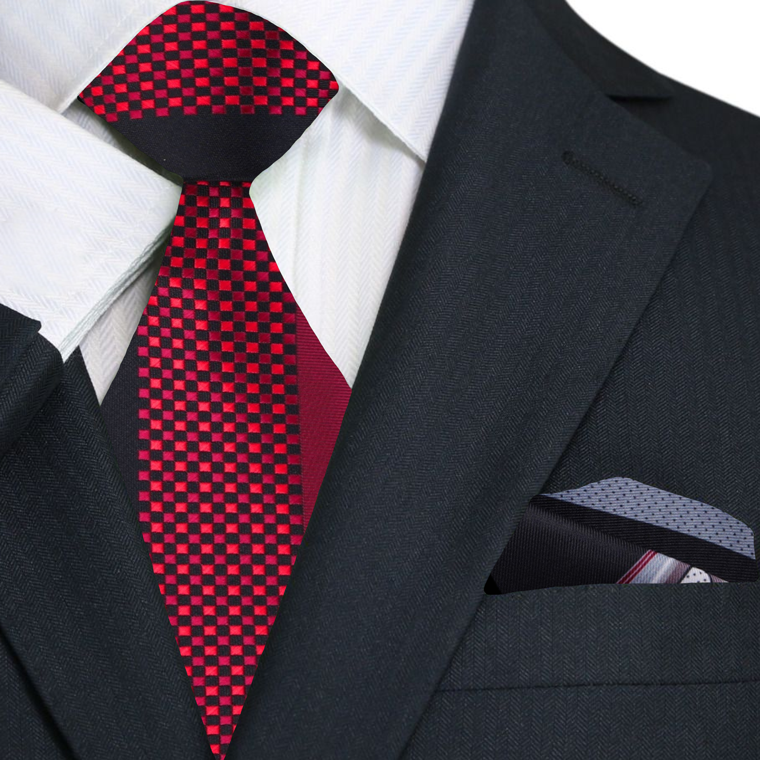 Premium Red & Black Check Necktie with Grey Black Square