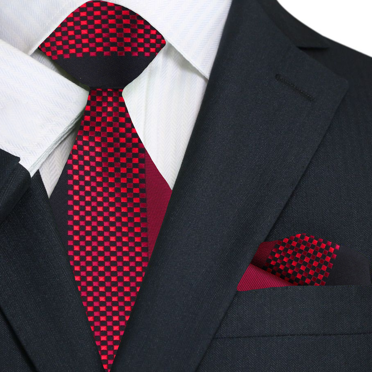 Premium Red & Black Check Necktie with Matching Square