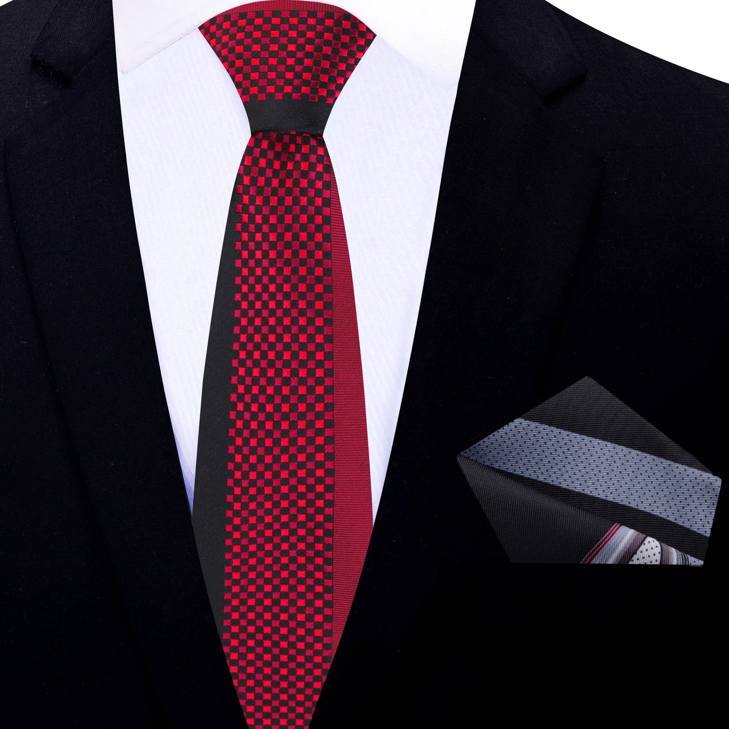 Thin Tie: Red & Black Check Necktie with Accenting Grey, Black and Red Square