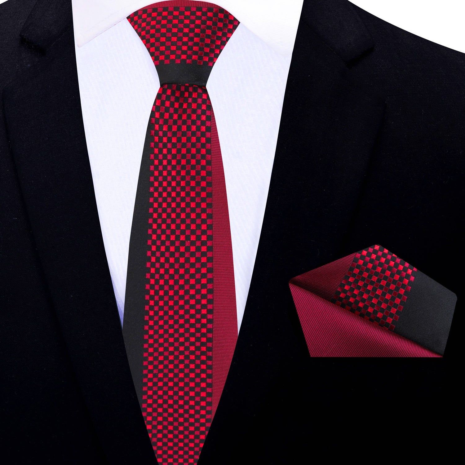 Thin Tie: Red & Black Check Necktie with Matching Square