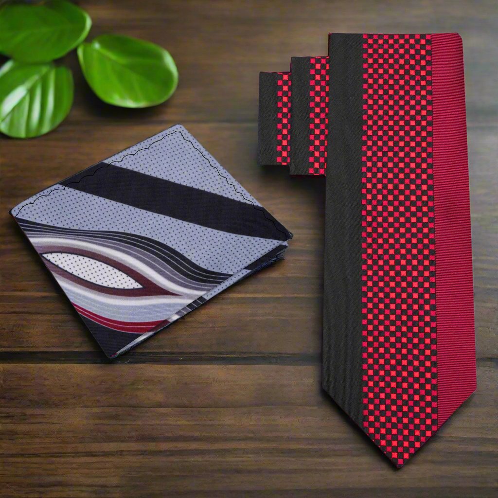 Alt View: Red & Black Check Necktie with Accenting Grey, Black and Red Square
