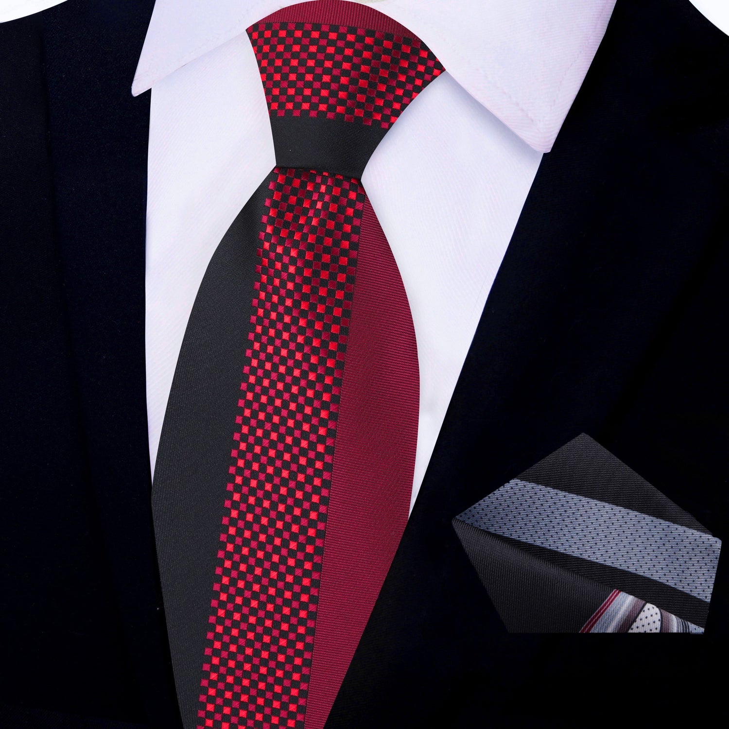Red & Black Check Necktie with Accenting Grey, Black and Red Square