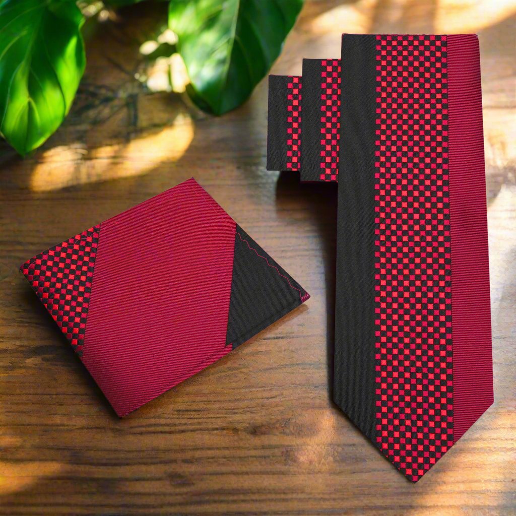 Alt view: Red & Black Check Necktie with Matching Square