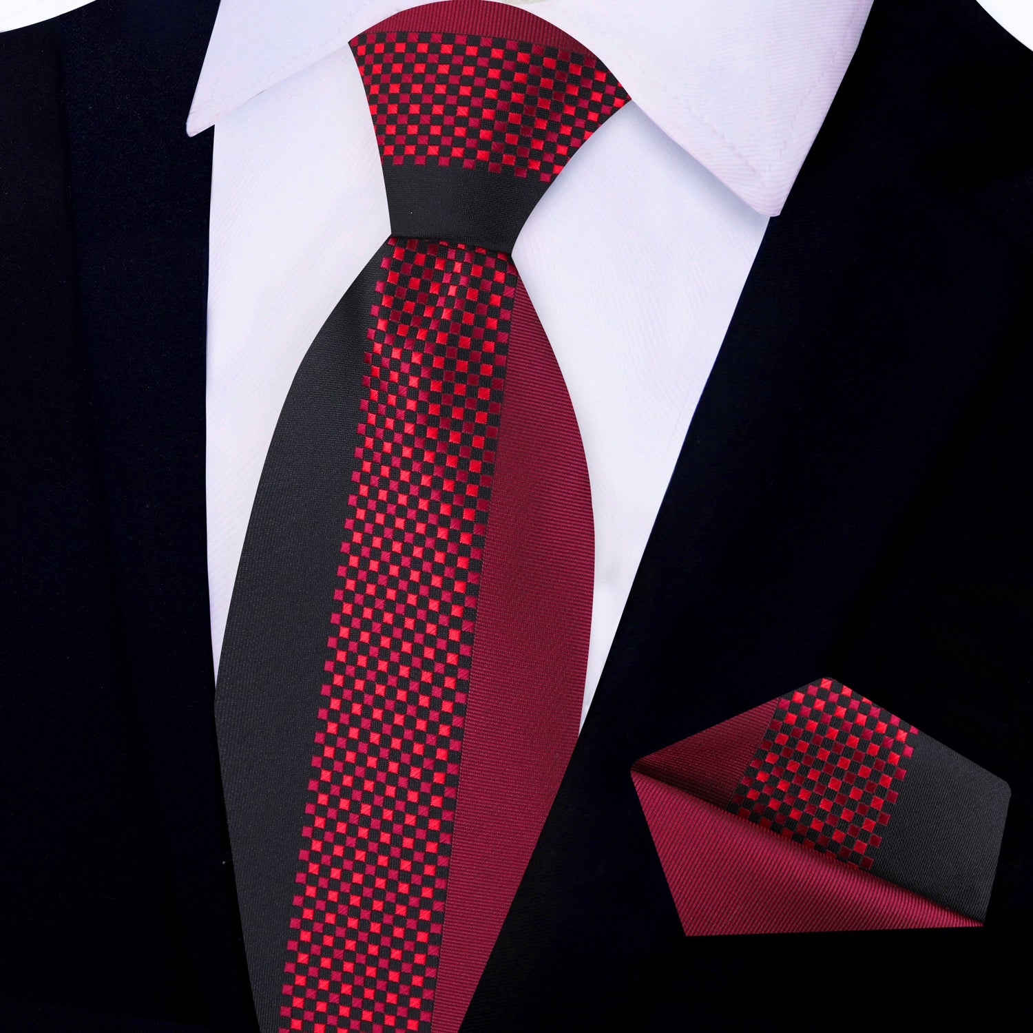 Red & Black Check Necktie with Matching Square