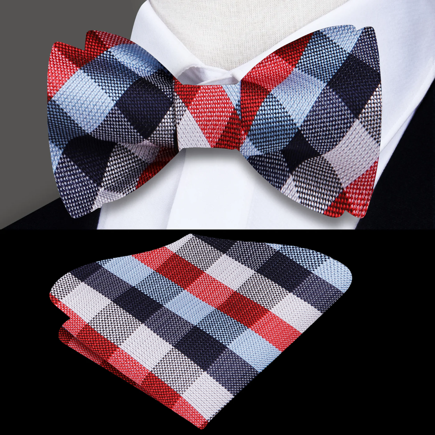 A Red, White, Blue Geometric Check Pattern Silk Self Tie Bow Tie, Matching Pocket Square