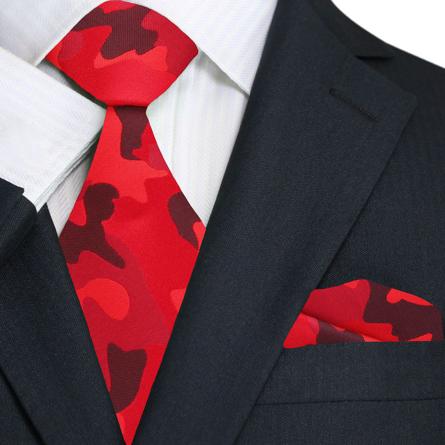 Red camouflage tie and pocket square with a black suit jacket.