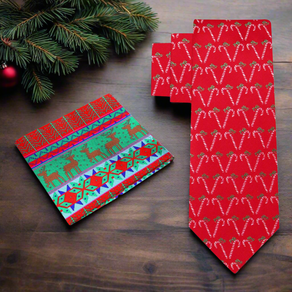 Alt Red, Green, White Candy Cane Necktie And Accenting Pocket Square