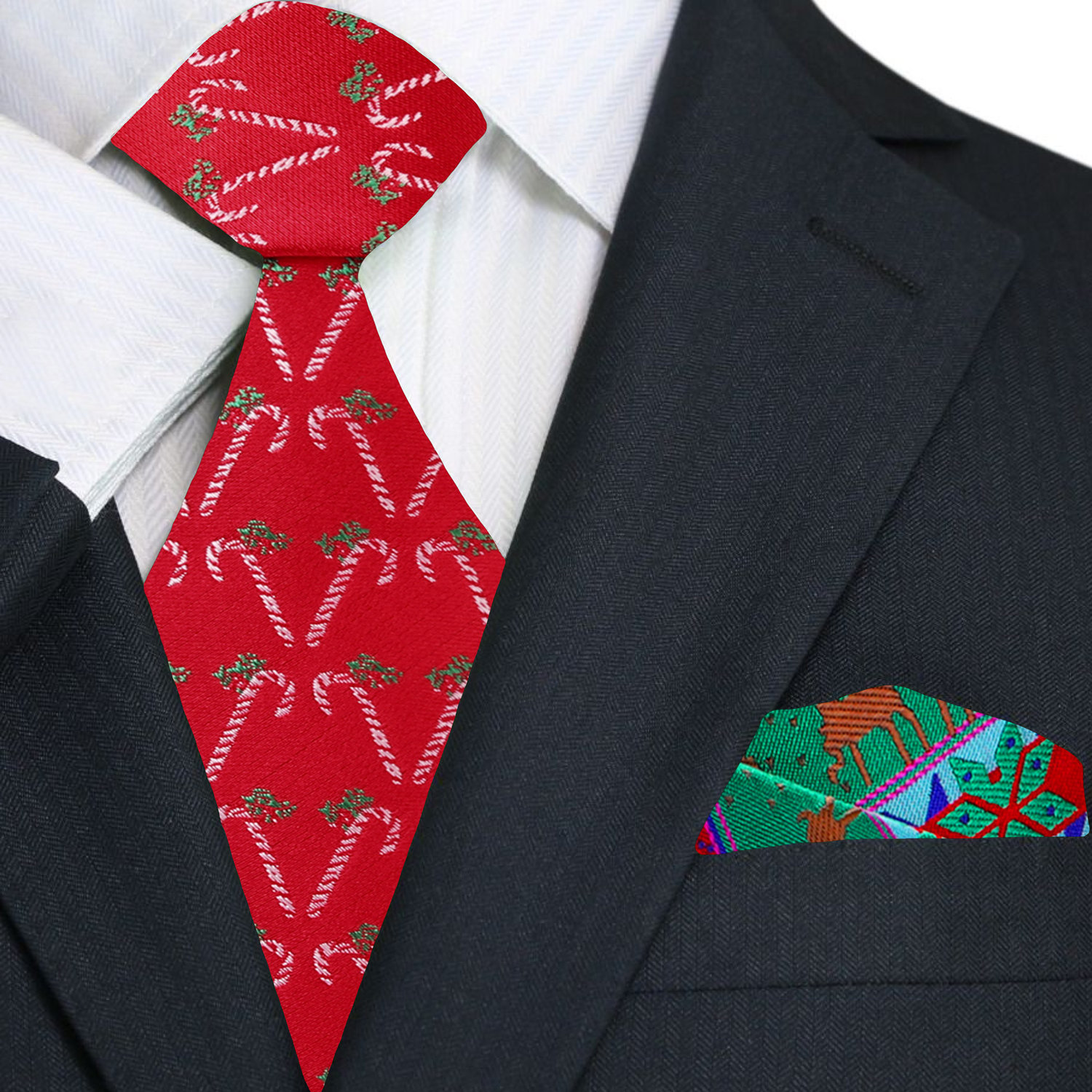 Premium  Red, Green, White Candy Cane Necktie And Accenting Pocket Square