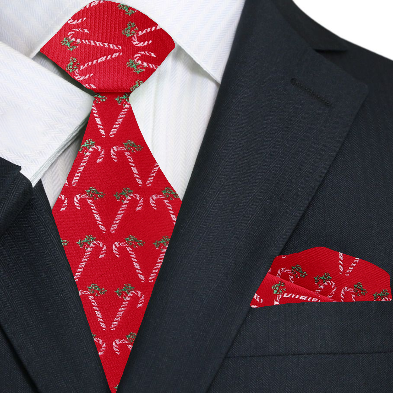 Premium Red, Green, White Candy Cane Necktie And Pocket Square