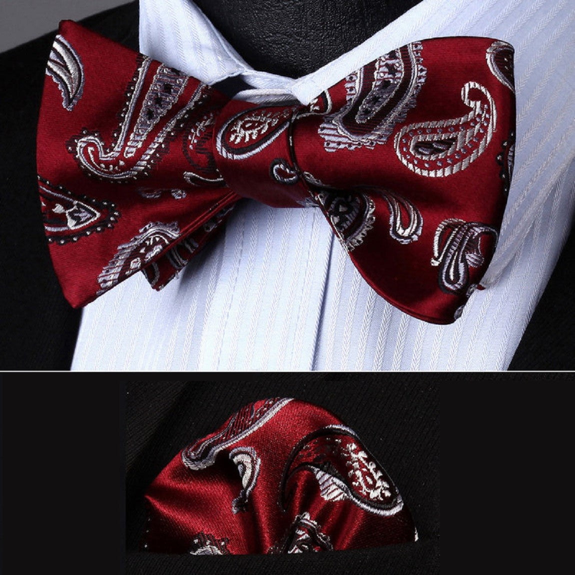 A Burgundy, Black Paisley Pattern Self Tie Bow Tie, Matching Pocket Square