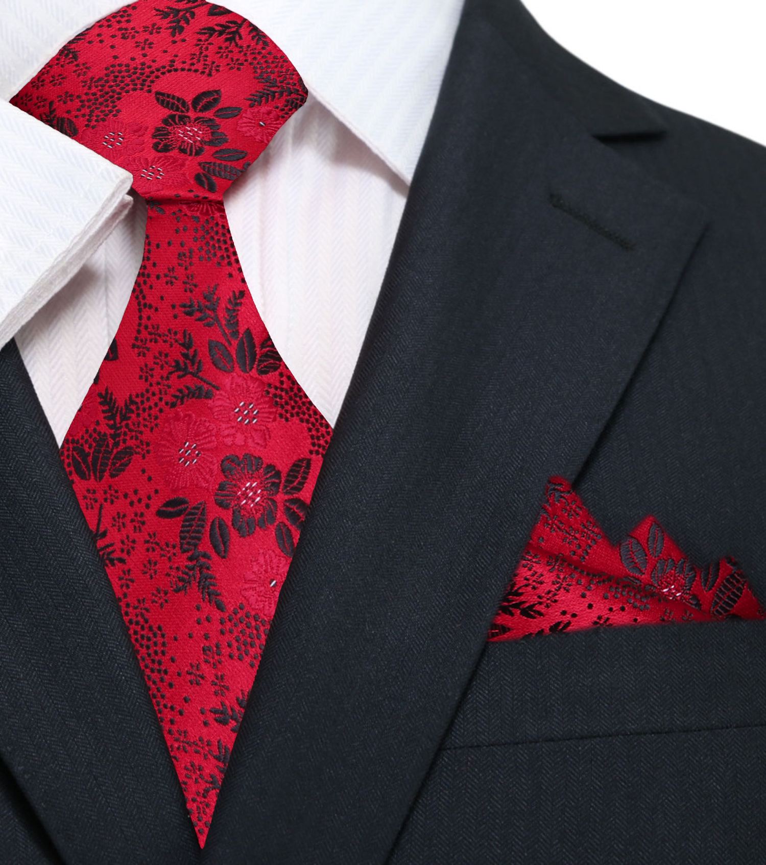 A Red With Black Floral Pattern Necktie With Matching Pocket Square